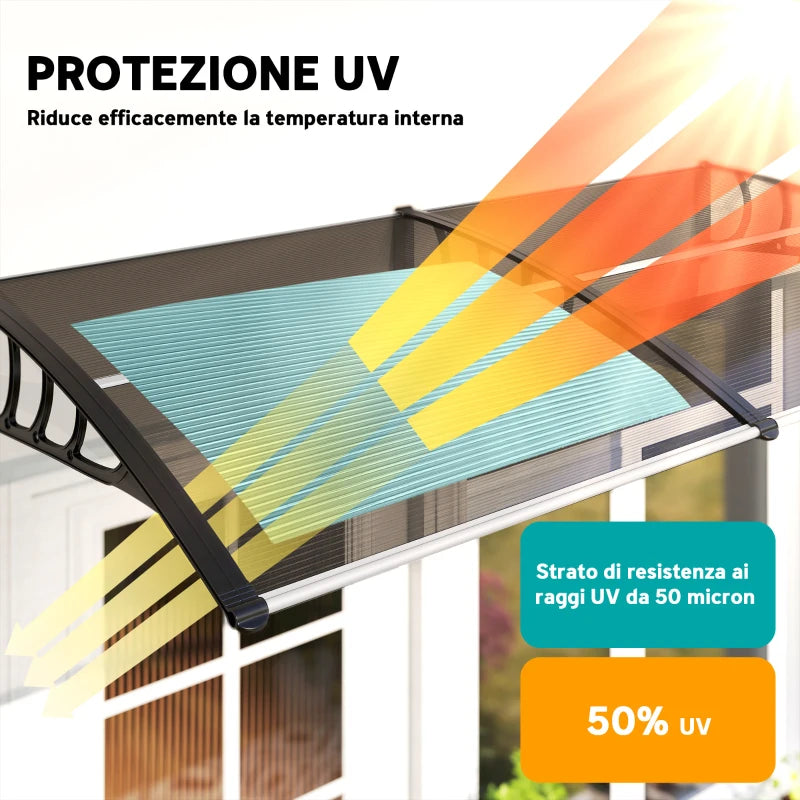 Outsunny Pensilina da Esterno per Finestre e Porte, in Policarbonato e Alluminio, 200x96x27cm, Marrone