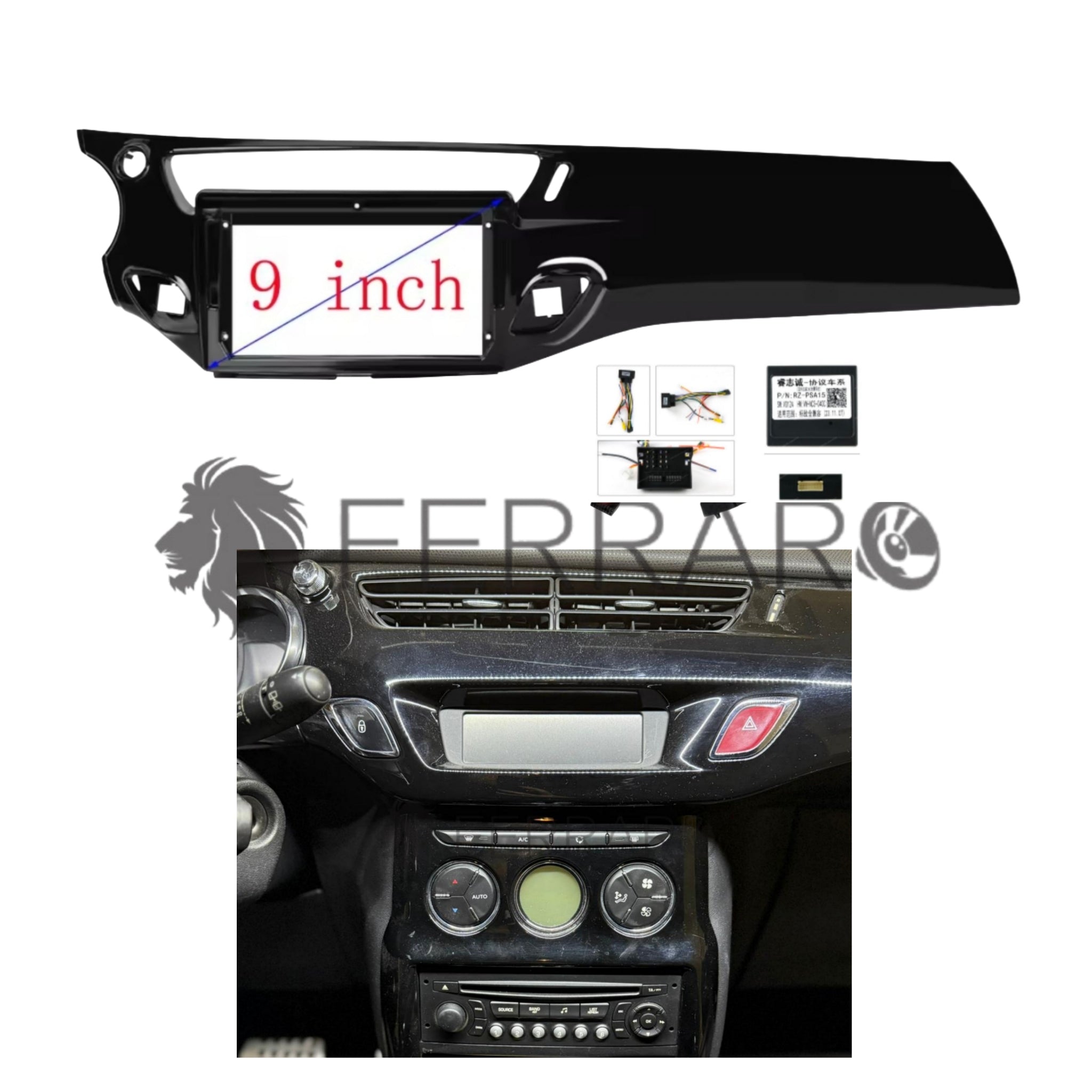 Kit Montaggio Autoradio 9"Pollici Citroen C3/DS3 (2009-2016) Mascherina, Cablaggio per Autoradio Android