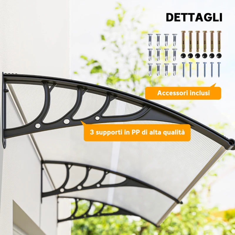 Outsunny Pensilina Tettoia da Esterno 195x75cm, Tettoia per Esterno in Policarbonato e Alluminio, per Balcone Finestre e Porte, Trasparente