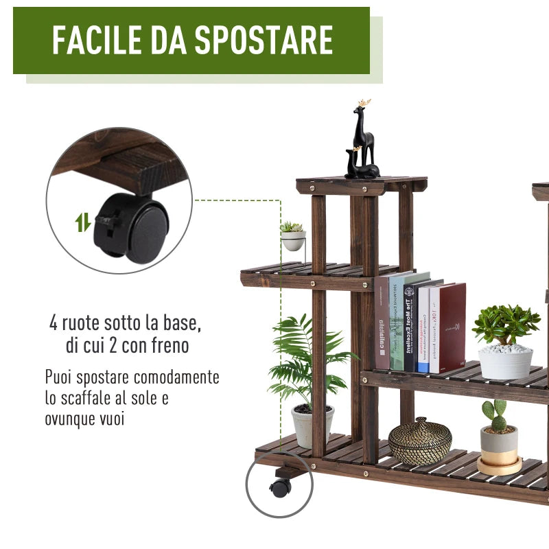 Outsunny Scaffale Portafiori a 4 Livelli, Fioriera da Esterno e Interno in Legno con 4 Ruote, 123.5 x 33 x 80cm