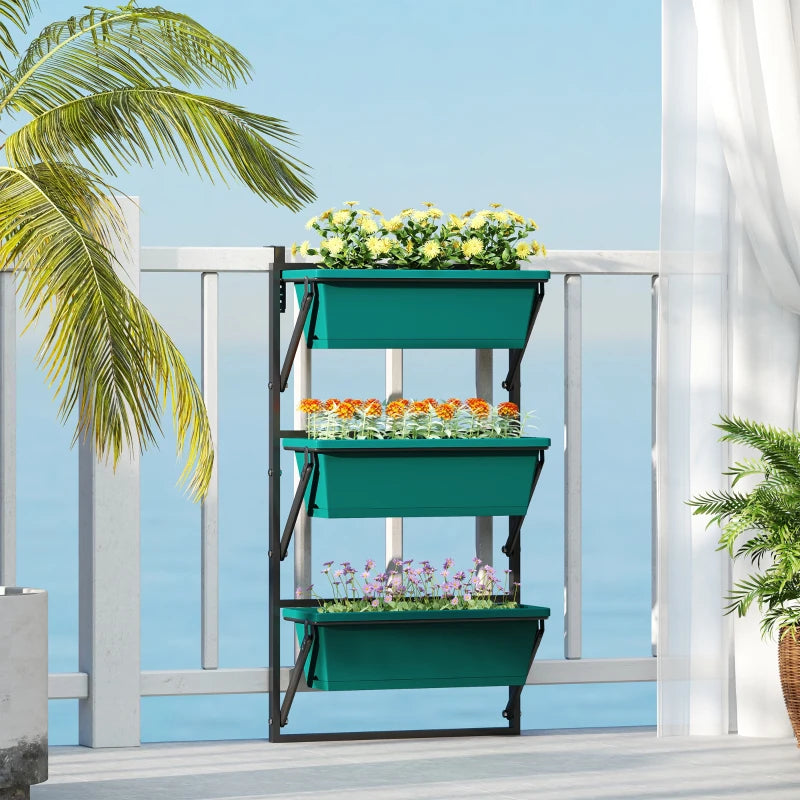 Outsunny Fioriera da Esterno Verticale e 3 Vasi per Piante in Plastica con Fori di Drenaggio, 56x42x100 cm, Verde