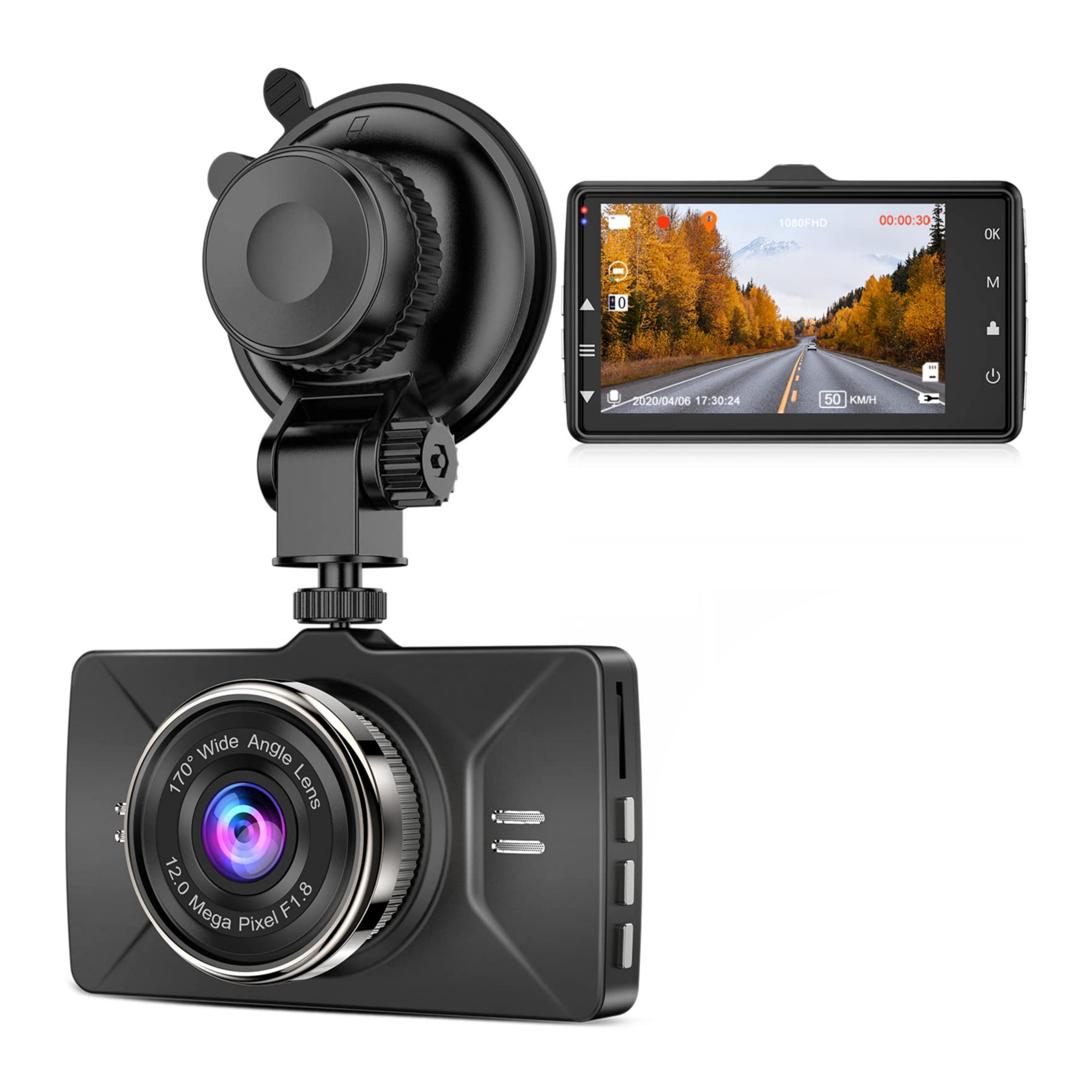Dash-Cam 3", Telecamera per Auto, 1080p, Angolo Ripresa da 170°, Micro SD