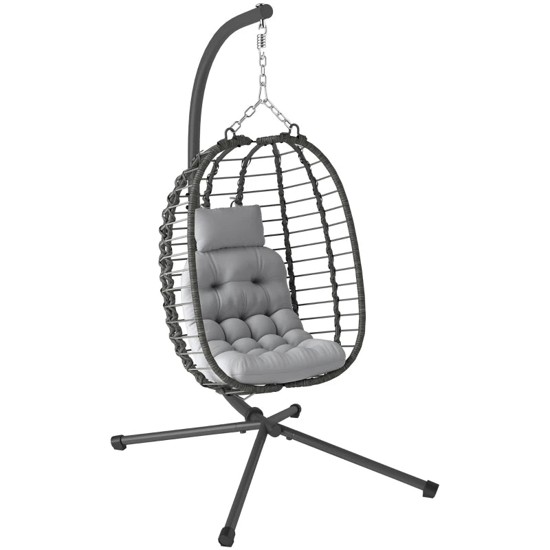 Outsunny Sedia Sospesa in Rattan a Uovo con Cuscino e Poggiatesta, Altezza Regolabile e Seduta Richiudibile, Grigio