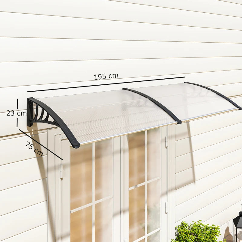 Outsunny Pensilina Tettoia da Esterno 195x75cm, Tettoia per Esterno in Policarbonato e Alluminio, per Balcone Finestre e Porte, Trasparente