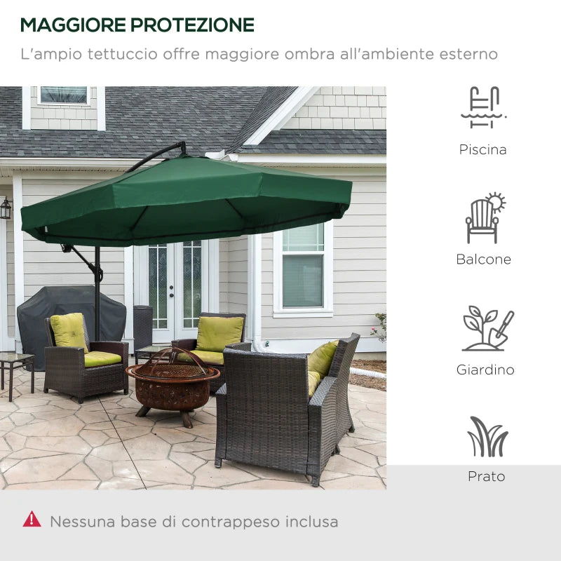 Outsunny Ombrellone da Giardino 3x3 m con Zanzariera, Apertura a Manovella e Base a Croce, Verde