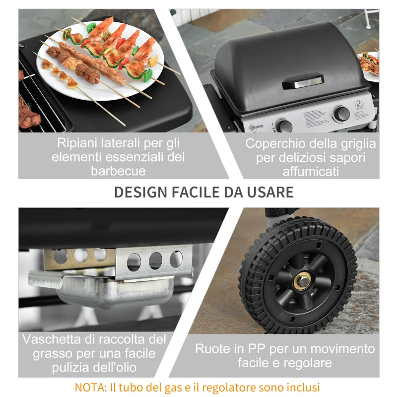 Outsunny Barbecue a Gas con Coperchio, Bruciatori da 5.6kW, BBQ e Ruote, 104x49x99cm