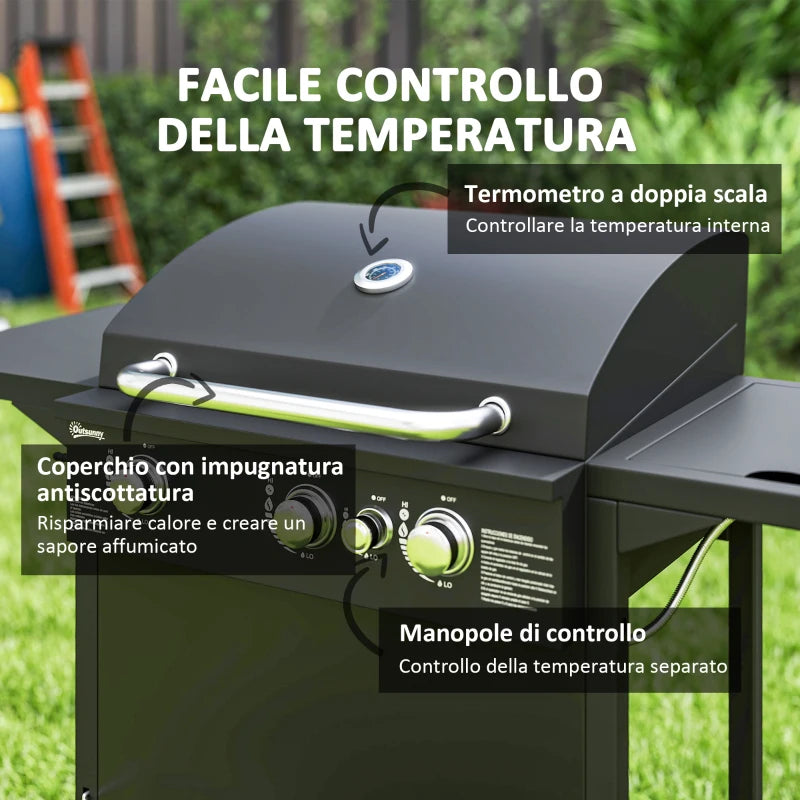 Outsunny Barbecue a Gas con Bruciatori Indipendenti, Coperchio con Termometro e Tavolino Laterale, Nero