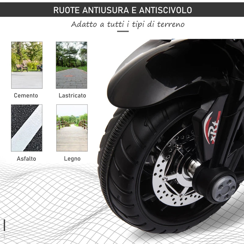 HOMCOM Moto Elettrica per Bambini 3-5 Anni Max. 25kg con Luci, Musica, Batteria 6V e Velocità 3km/h, 86cmx42cmx52cm Nera
