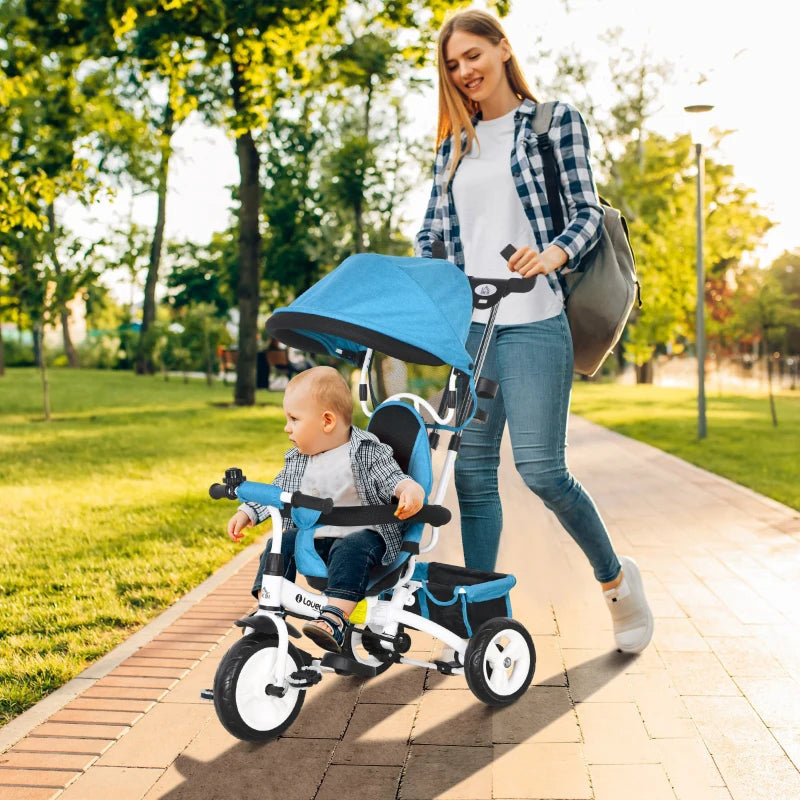 HOMCOM Triciclo per Bambini con Maniglione 6 in 1, Tettuccio Regolabile e Cintura di Sicurezza, Età 1-5 Anni, Blu