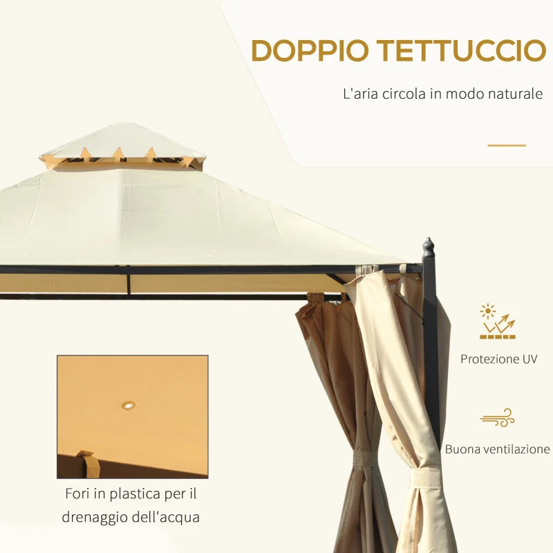 Outsunny Gazebo da Giardino 3 x 3m con 4 Tende Laterali e Doppio Tetto Beige