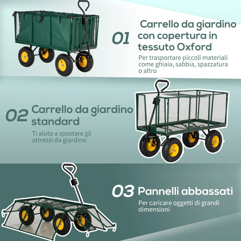 Outsunny Carrello da Giardino in Acciaio con Pareti Laterali Ribaltabili e 4 Ruote, Capienza 342L, Verde