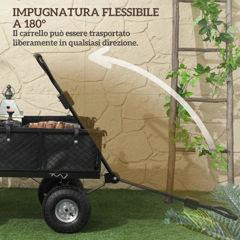 Outsunny Carrello da Giardino in Acciaio da 114L con Sacca Portaoggetti e Pareti Rimovibili, 105x51x54 cm, Nero