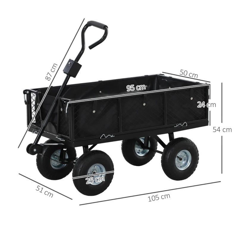 Outsunny Carrello da Giardino in Acciaio da 114L con Sacca Portaoggetti e Pareti Rimovibili, 105x51x54 cm, Nero