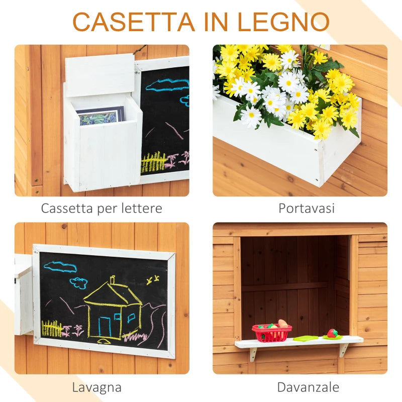 Outsunny Casetta per Bambini in Legno da Esterno con Porta, Finestre, Panca, Portavasi 122x108x135.5cm Gialla