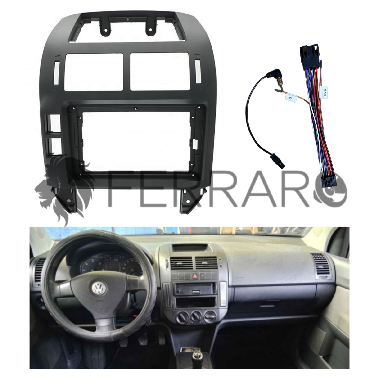 Kit Montaggio Autoradio 9"Pollici Volkswagen Golf MK4, Polo MK4, Mascherina, Cablaggio per Autoradio Android