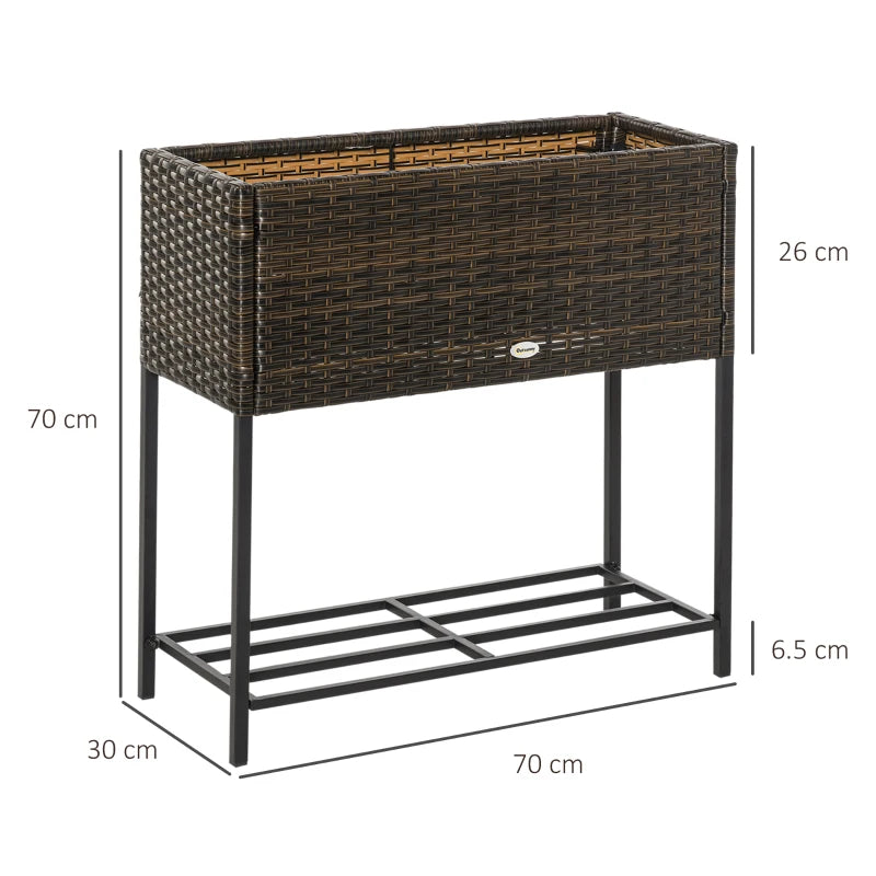Outsunny Letto per Orto Rialzato, Fioriera Effetto Vimini con Ripiano, Aiuola Rialzata per Esterni e Interni, Marrone (70cm x 30cm x 70cm)