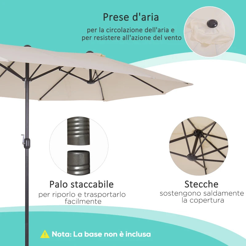 Outsunny Ombrellone Doppio da Giardino 4.6x2.7 m a 12 Stecche con Prese d'Aria e Manovella, Ombrellone per Esterni in Acciaio e Poliestere, Anti UV, Beige
