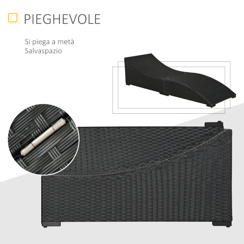 Outsunny Lettino Sdraio Prendisole Pieghevole in Rattan Sintetico con Poggiatesta Rimovibile per Giardino, Terrazzo ed Esterni, 198x68x50cm