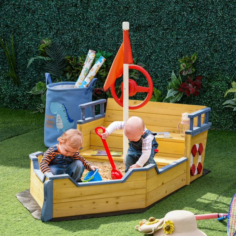 Outsunny Sabbiera per Bambini in Legno a Forma di Nave dei Pirati con Vano Contenitore, 158x78x45.5 cm
