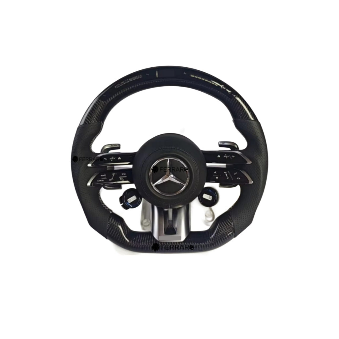 Volante per Mercedes, Nero, Logo Argento, Filo Argento, 2 Pomelli