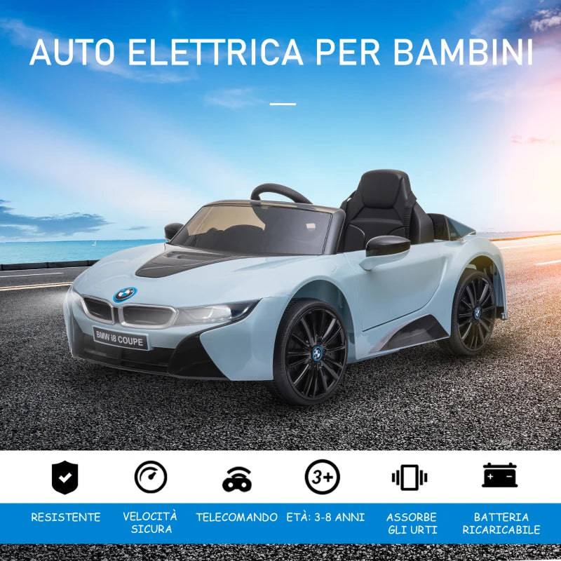 HOMCOM Macchina Elettrica per Bambini 3-8 anni Licenza BMW I8 Coupé con Telecomando e 2 Porte, 115x72.5x46 cm, Blu