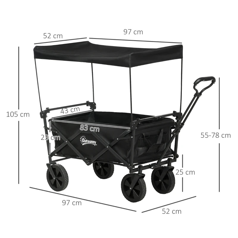 Outsunny Carrello da Giardino 110L con Maniglia Telescopica e Tettuccio in Acciaio e Tessuto Oxford, Nero