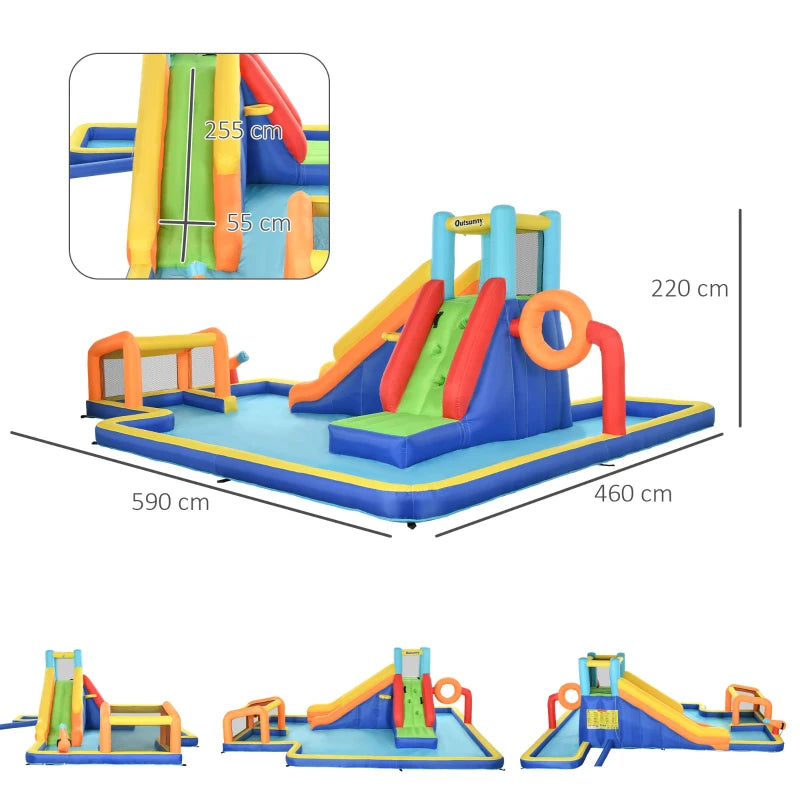 Outsunny Castello Gonfiabile per Bambini 3-8 Anni con Scivolo, Parete, Porta e Canestro, in Tessuto Oxford, 590x460x220 cm