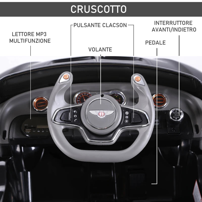 HOMCOM Macchina Elettrica per Bambini Bentley GT 6V, con Doppi Motori, Auto Elettrica per Bambini con Telecomando, Clacson, Suoni, Fari e 2 Portiere Apribili, 2.5-5 km/h, per 3-5 Anni, Nero