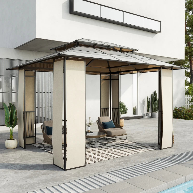 Outsunny Gazebo da Giardino 3.7x3m con Tetto in Policarbonato a 2 Livelli, Acciaio e Alluminio, Marrone