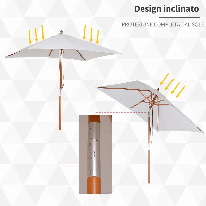Outsunny Ombrellone da Giardino Inclinabile 2x1.5m a 6 Stecche con Palo in Legno di Abete e Corda, Beige