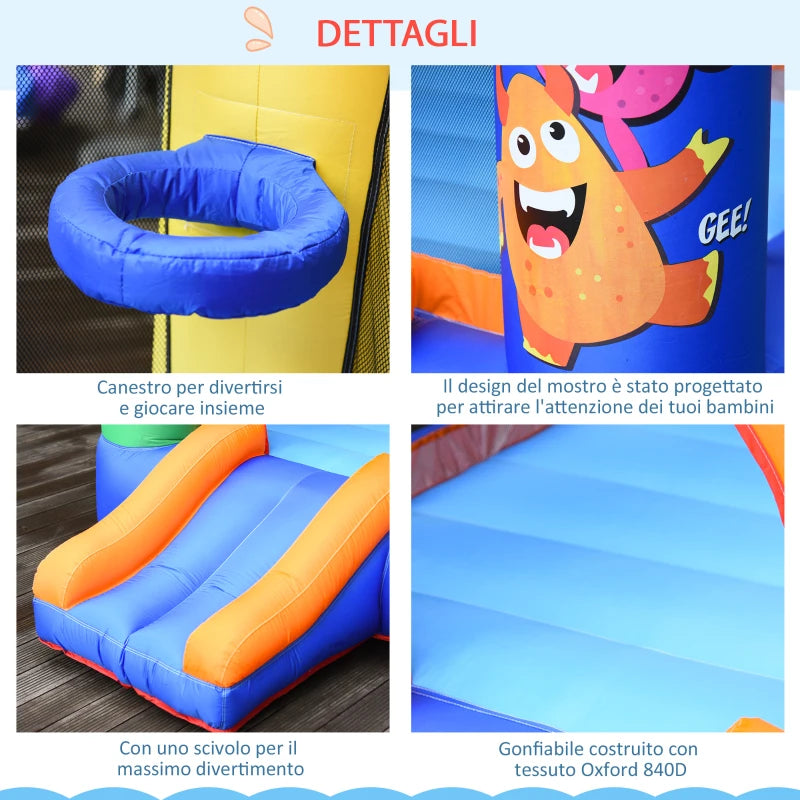 Outsunny Casa Gioco Castello Gonfiabile Gigante per Bambini 3-8 anni Trampolino Rimbalzante Colorato con Scivolo e Canestro 250cmx180cmx175cm