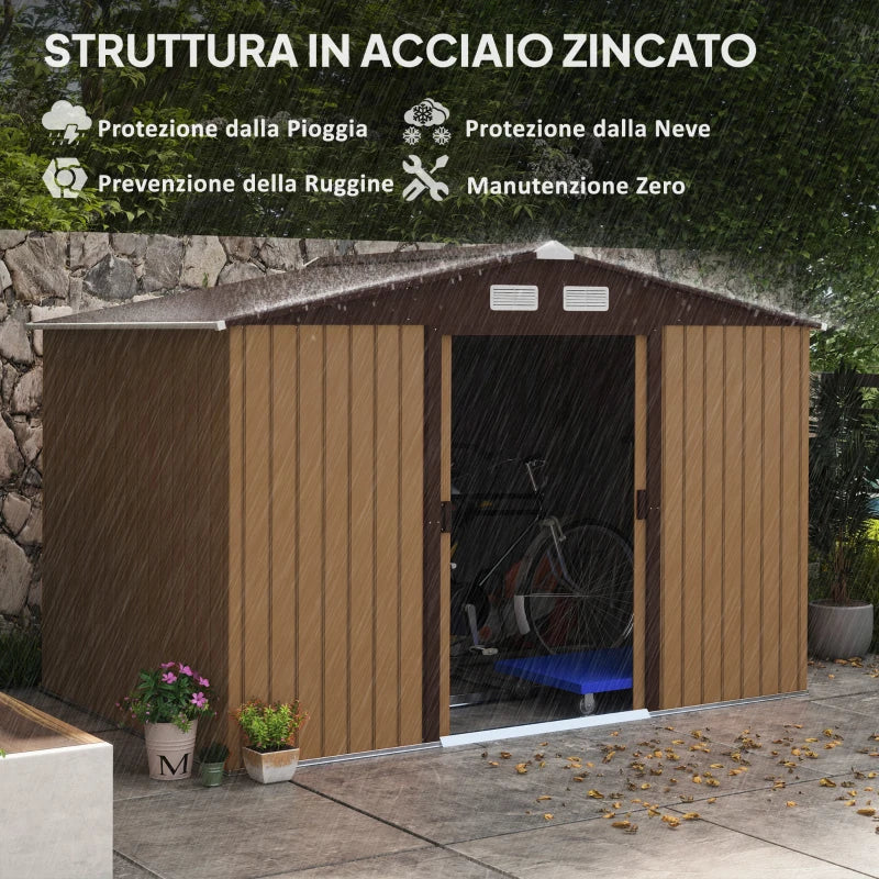 Outsunny Capanno per Attrezzi 4.9m² con Fondazione, 4 Prese d'Aria e 2 Porte Scorrevoli in Acciaio, 277x195x192cm, Giallo