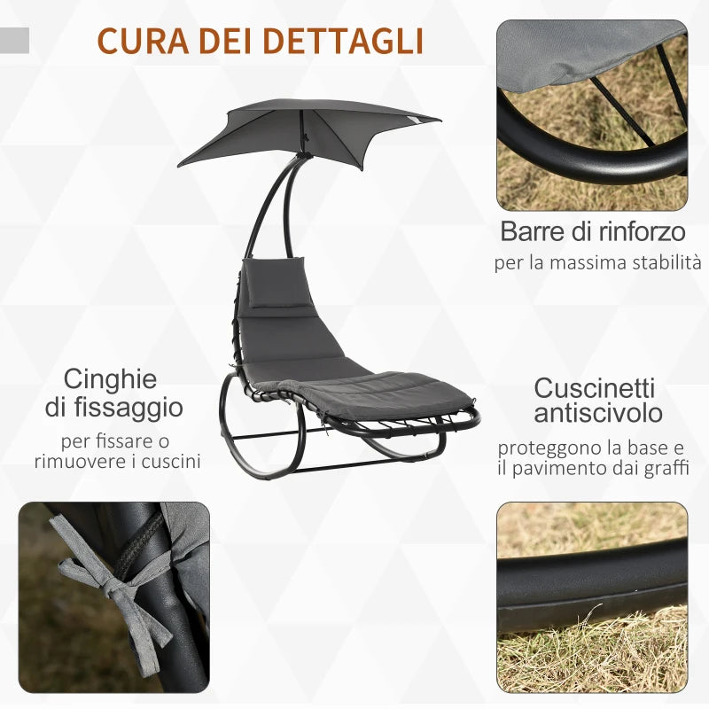 Outsunny Lettino a Dondolo da Giardino, Sdraio Prendisole, Sedia a Dondolo per Esterno con Seduta Imbottita e Tettuccio Grigio 185x114x190cm