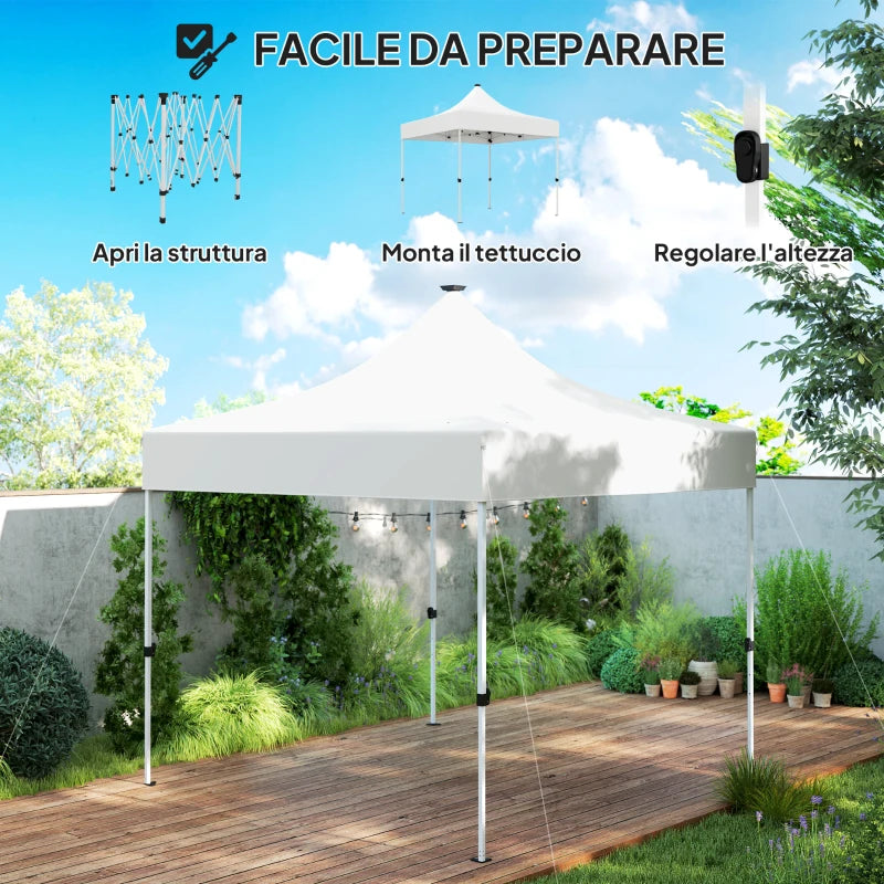 Outsunny Gazebo da Giardino Pop Up 3x3 m ad Altezza Regolabile con Luci LED Solari, in Tessuto Oxford e Metallo, Bianco