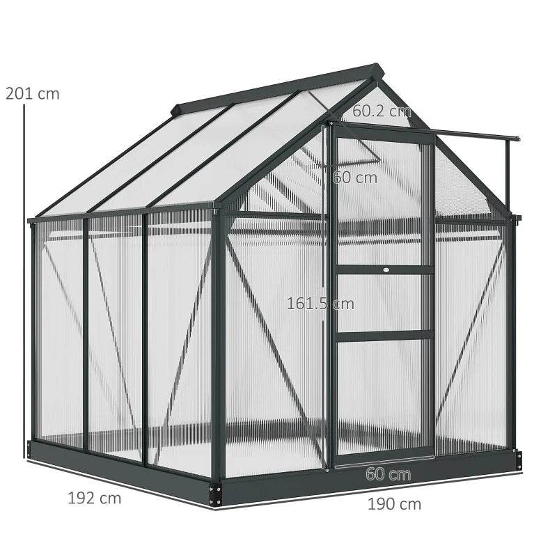 Outsunny Serra in Policarbonato e Alluminio con Porta Scorrevole, Presa d'Aria e Grondaia, 1.9x1.9x2m, Grigio