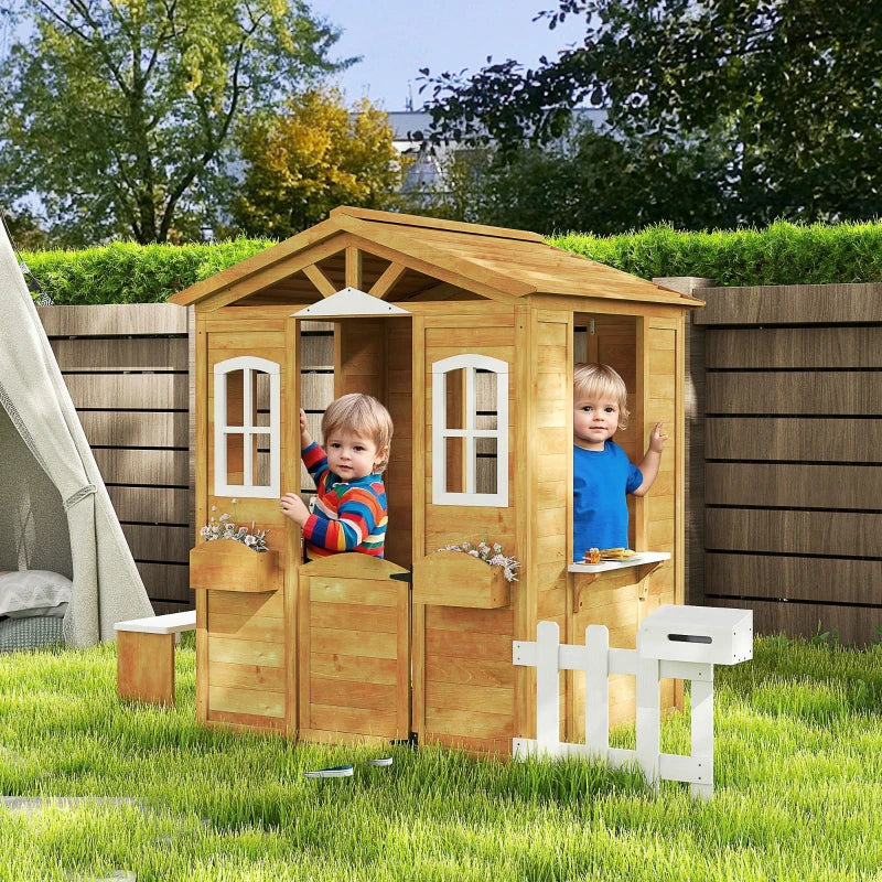 Outsunny Casetta per Bambini in Legno con Finestre, Staccionata e Panca, 205x119x140 cm, Legno Naturale