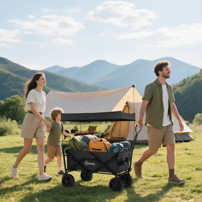 Outsunny Carrello da Giardino 110L con Maniglia Telescopica e Tettuccio in Acciaio e Tessuto Oxford, Nero