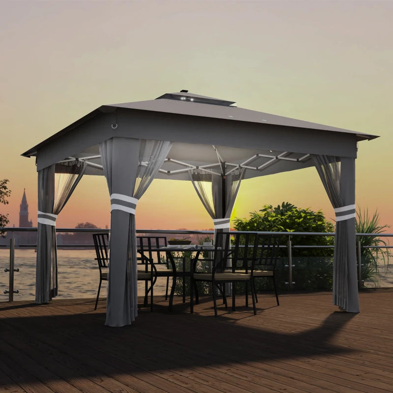 Outsunny Gazebo da Giardino ad Altezza Regolabile con Luci LED, in Acciaio e tessuto Oxford, 336x336x250-270 cm, Grigio