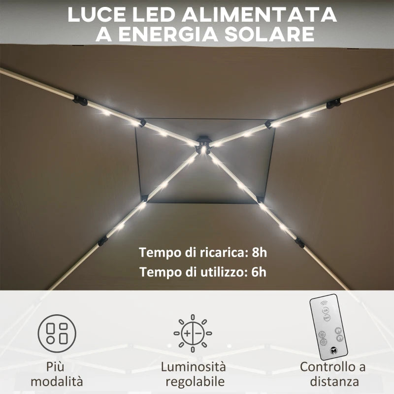 Outsunny Gazebo da Giardino ad Altezza Regolabile con Luci LED, in Acciaio e tessuto Oxford, 336x336x250-270 cm, Grigio