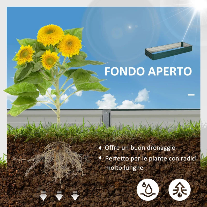 Outsunny Letto per Orto Rialzato in Metallo da Esterno, Portapiante per Fiori ed Erbe, 241x90,5x30cm