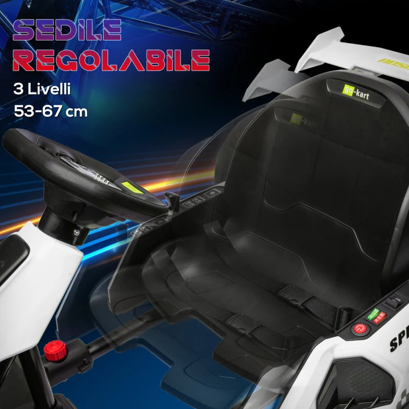 HOMCOM Go Kart Elettrico per Bambini 6-12 Anni 24V 12km/h con Seggiolino Regolabile, Bianco