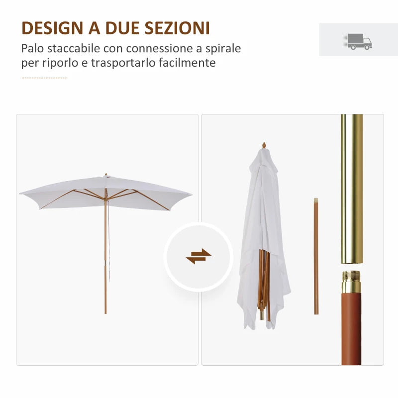 Outsunny Ombrellone m da Giardino 2x3 in Legno Laccato con Copertura Rimovibile, Bianco