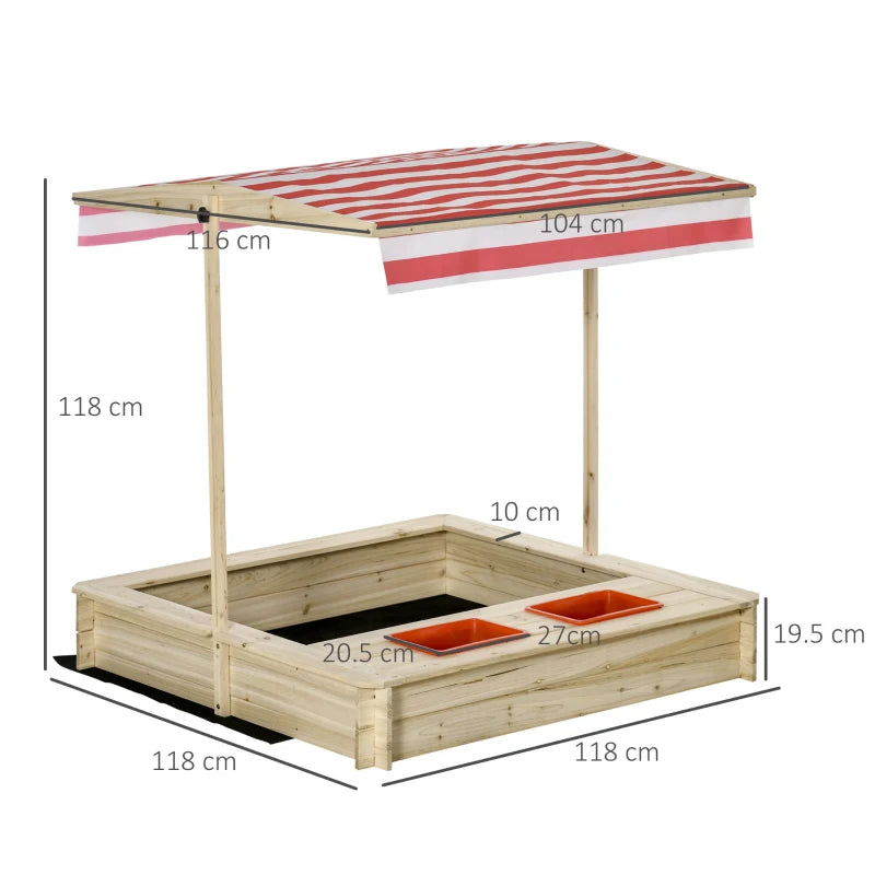 Outsunny Sabbiera per Bambini 3-8 Anni con Tettuccio Regolabile, in Legno di Abete e Poliestere, 118x118x118 cm