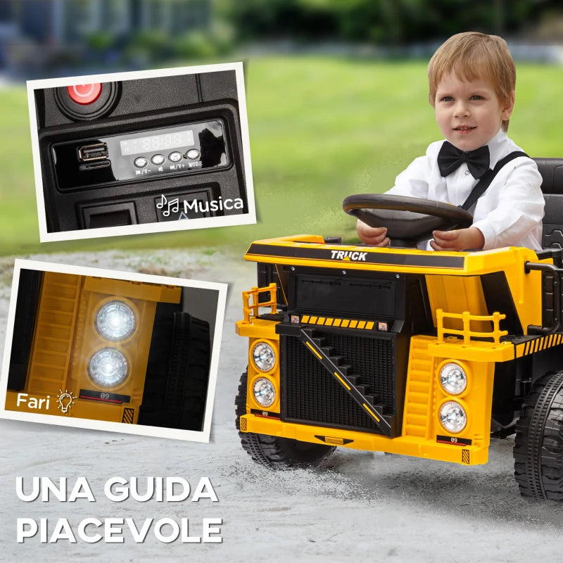 AIYAPLAY Camion per Bambini 3-5 Anni con Motore 12V, Macchina Elettrica per Bambini con Musica e Fari, Giallo