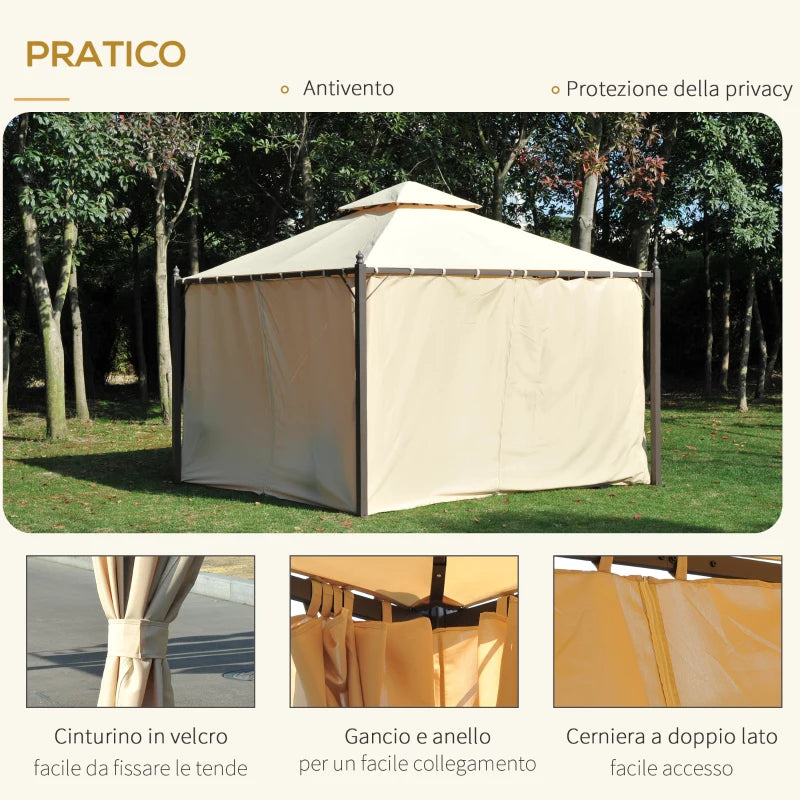 Outsunny Gazebo da Giardino 3 x 3m con 4 Tende Laterali e Doppio Tetto Beige