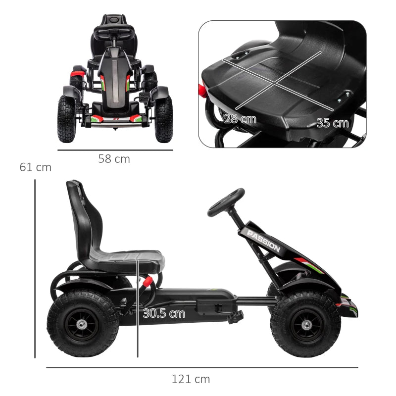 HOMCOM Go Kart a Pedali per Bambini 5-12 Anni in PP e Metallo Nero con Sedile Regolabile e Freno a Mano, 121x58x61 cm