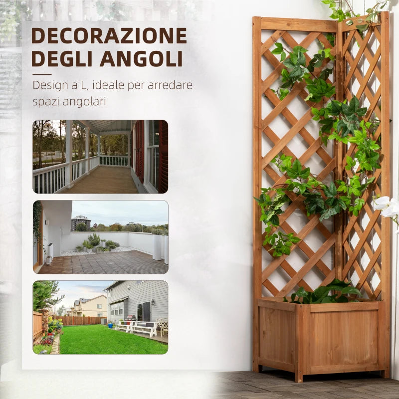 Outsunny Fioriera da Giardino in Legno di Abete Marrone con Grigliato per Rampicanti e Decorazioni, 40x40x145 cm