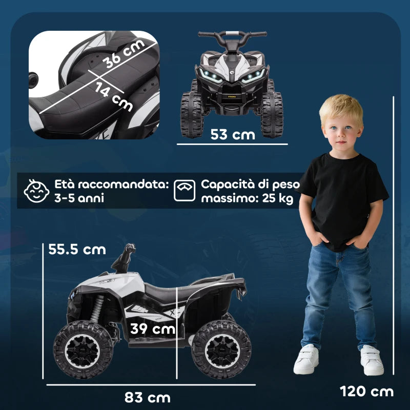 HOMCOM Quad per Bambini 3-5 Anni Elettrico 12V, 2 Velocità, Ruote Larghe con Clacson e Fari LED, Bianco
