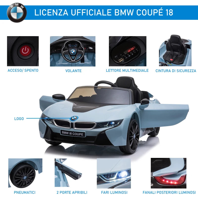 HOMCOM Macchina Elettrica per Bambini 3-8 anni Licenza BMW I8 Coupé con Telecomando e 2 Porte, 115x72.5x46 cm, Blu