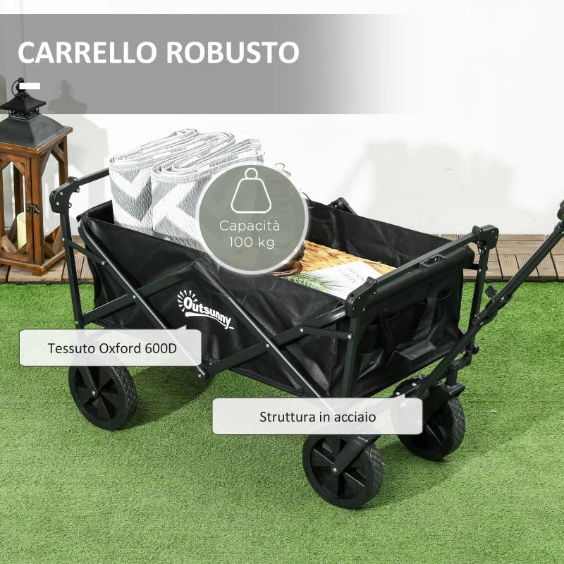 Outsunny Carrello da Giardino 110L con Maniglia Telescopica e Tettuccio in Acciaio e Tessuto Oxford, Nero